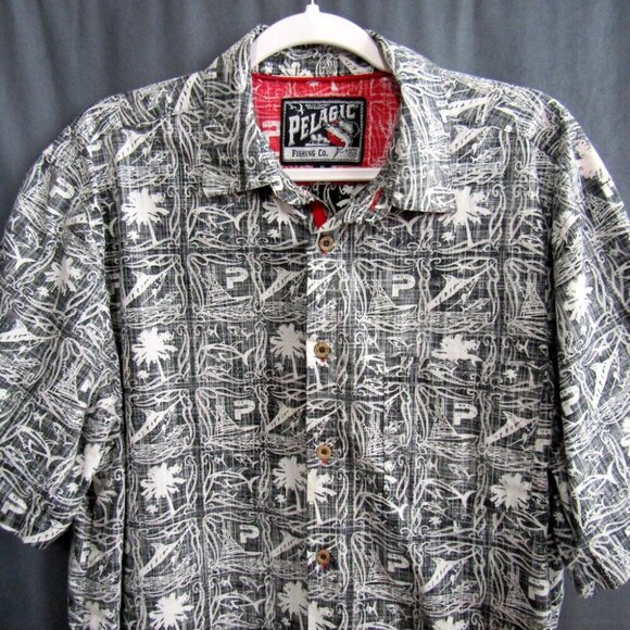 Pelagic Black Reverse Print Camp Shirt Size M Palm Tree Fish Tropical Button Up - Picture 2 of 12